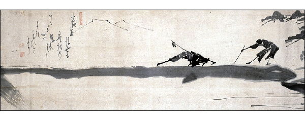 Hakuin Ekaku (1686-1769), Two Blind Men Crossing a Log Bridge - Image on Backinthesameboat.com - Verloren Hoop Productions